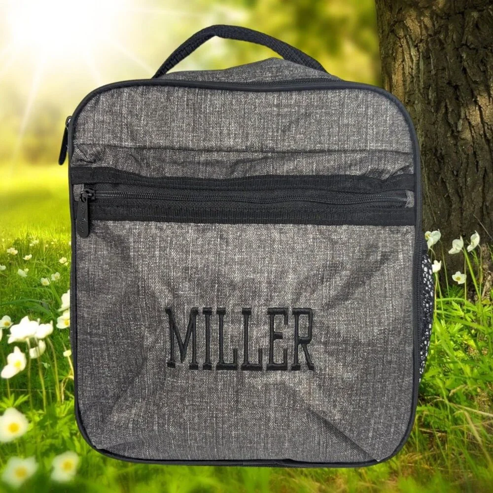 Thirty One Lunch Buddy Thermal Gray Charcoal Crosstitch Custom Miller Embroidery